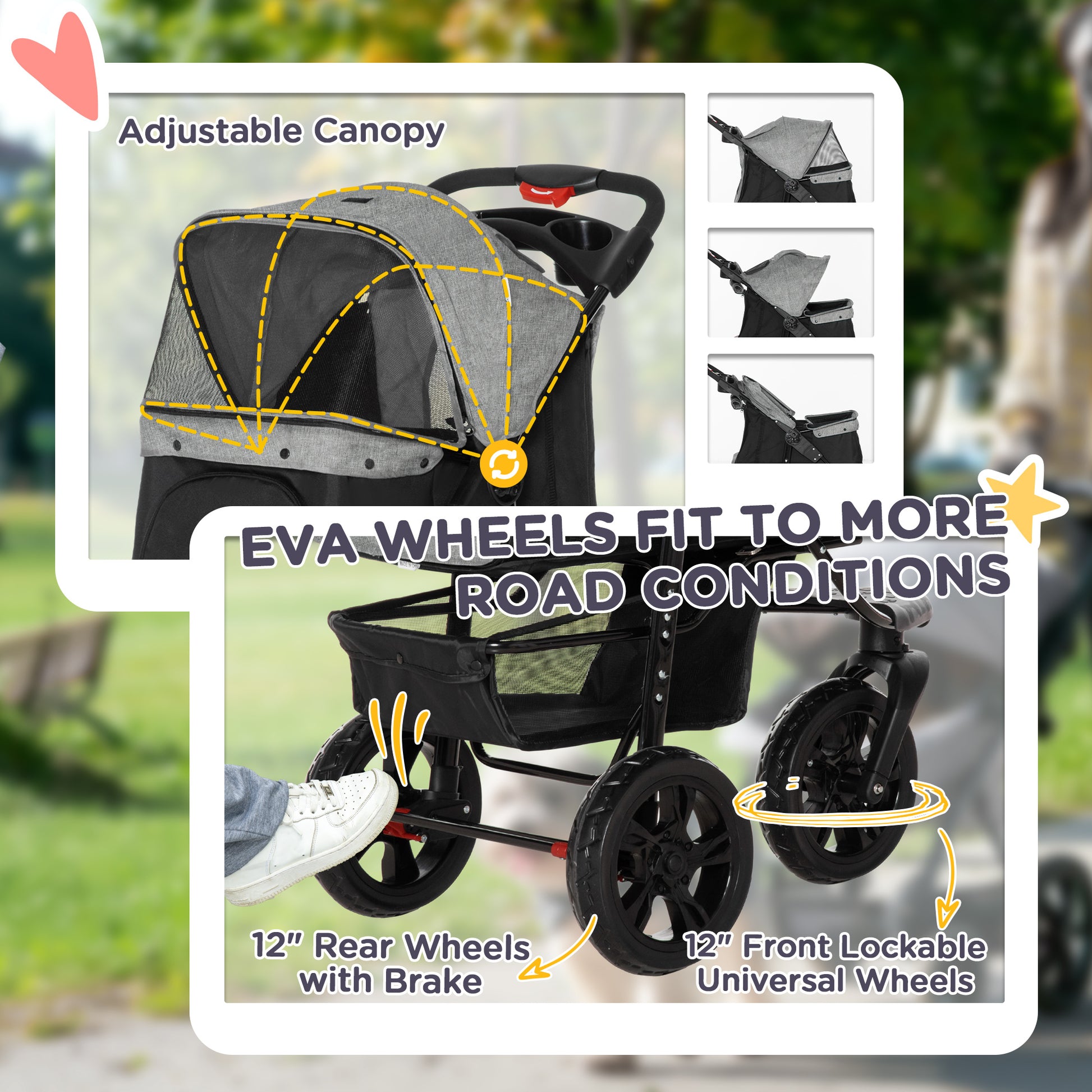 Sturdy-Wheeled Dog Stroller with Storage Basket for Outdoor Adventures 6