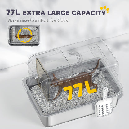 Large Enclosed Cat Litter Box with Removable Stainless Steel Tray, Front Flap, Handle & Scoop