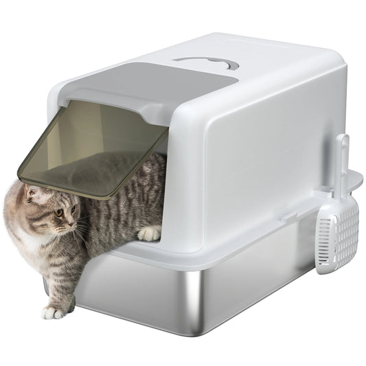 Large Enclosed Cat Litter Box with Removable Stainless Steel Tray, Front Flap, Handle & Scoop