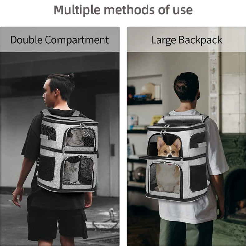 Ventilated Double Pet Carrier Backpack for Cats & Small Dogs with Two Compartments & Multiple Openings 7