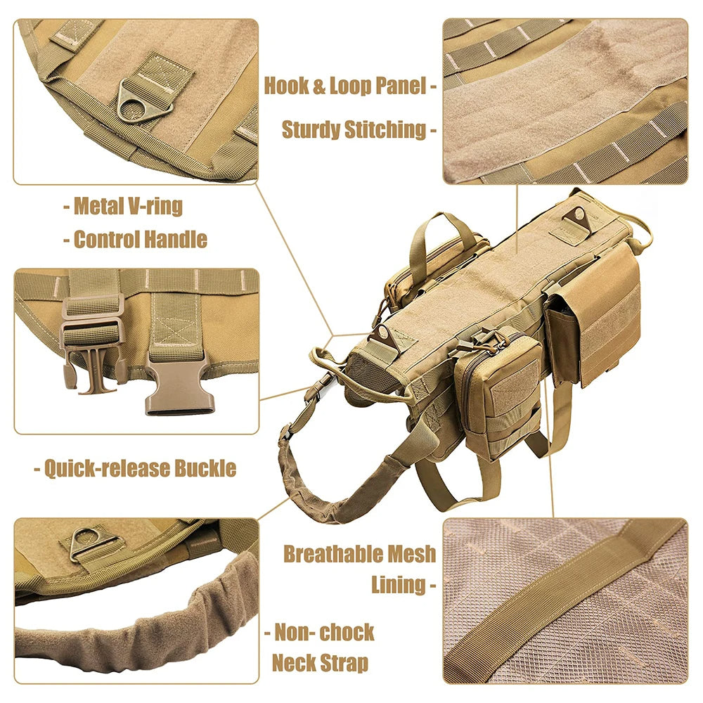 Tactical Military-Style Dog Harness Training Vest with Detachable Pouches 9