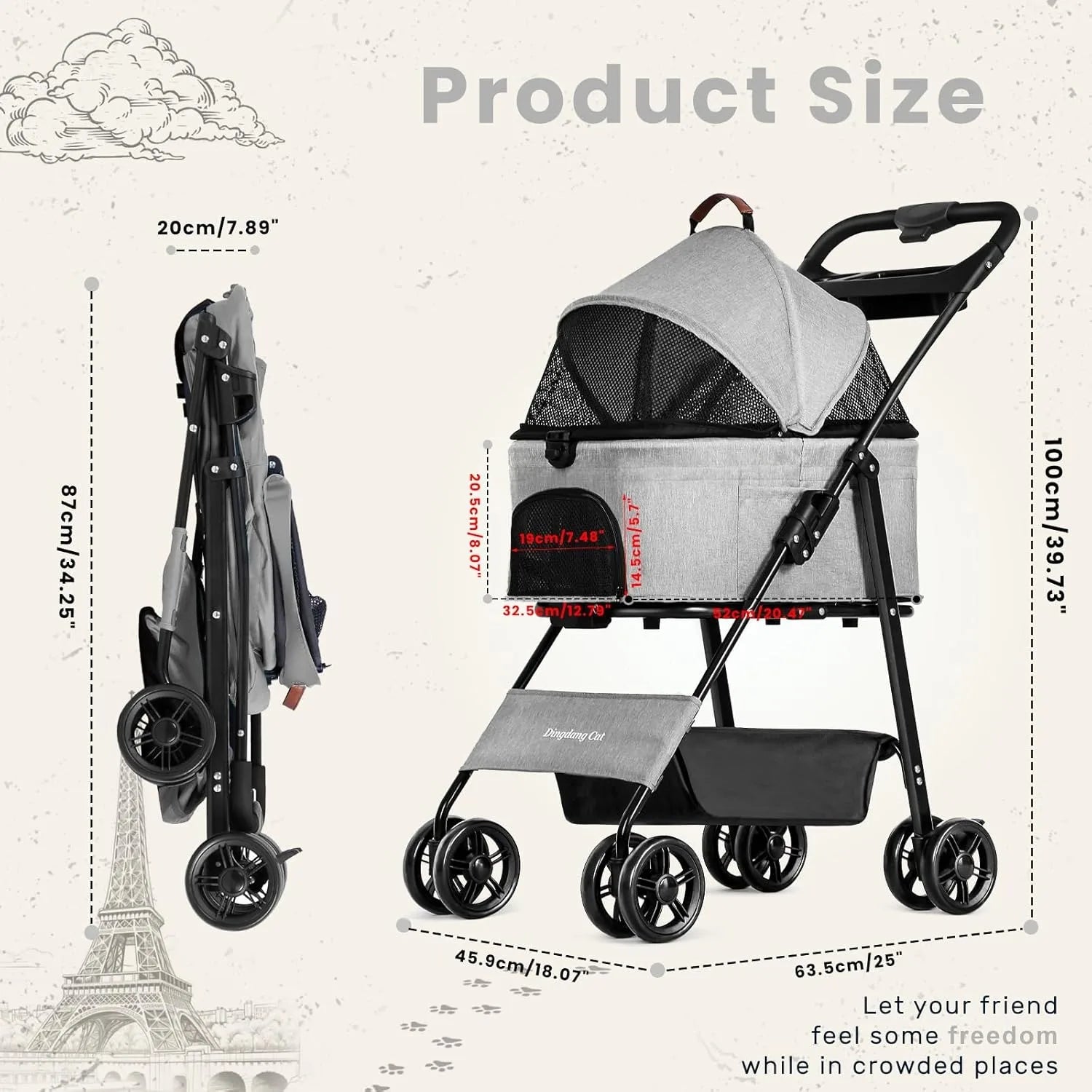 Foldable Dog Pushchair with Spacious Basket & Storage 9