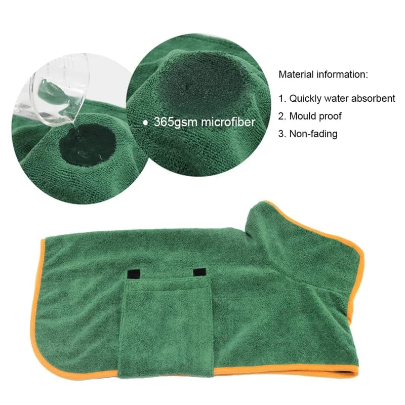 Super Absorbent Dog Drying Robe with Velcro Fastening & Hand Towel Pocket | 365gsm Microfibre Quick-Dry Dog Bathrobe