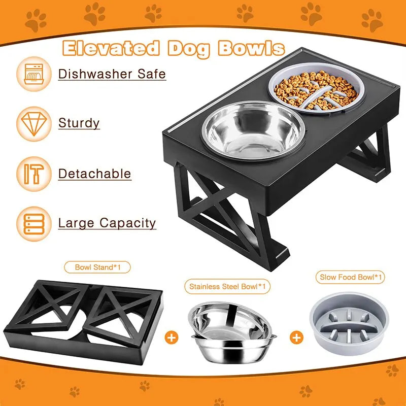 Adjustable Height & Tilt Raised Dog Bowl Stand with Stainless Steel & Slow-Feeding Dog Bowls 11