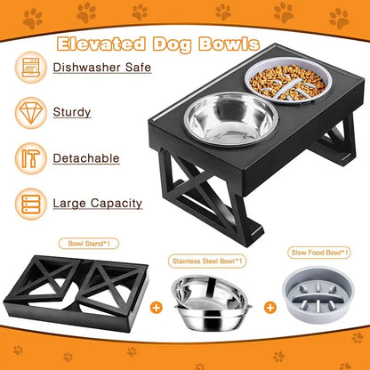 Adjustable Height & Tilt Raised Dog Bowl Stand with Stainless Steel & Slow-Feeding Dog Bowls 11