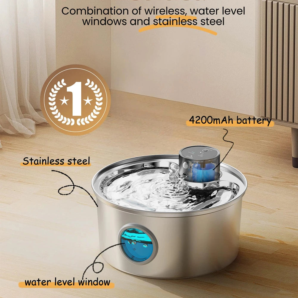 Quiet & Large Automatic Cat Water Dispenser with 3.2L Fountain | Stainless Steel & USB Rechargeable