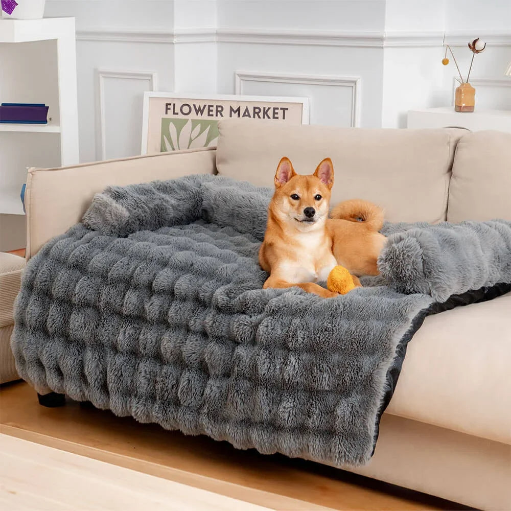 Fluffy Calming Dog Bed Sofa Protector with Bolster for Smaller Dogs & Cats 16