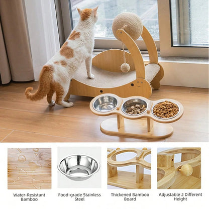 Wooden Tilted & Raised Cat Bowl Stand with 3 Stainless Steel Bowls 5