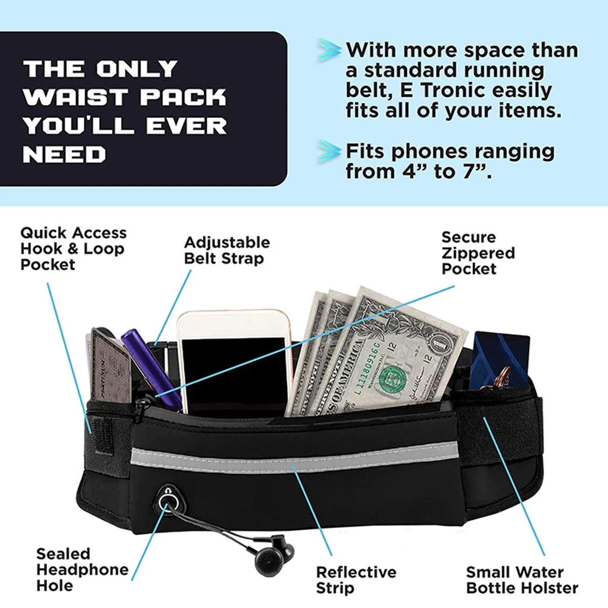 Running Dog Leash Waist Bag with Hands-Free Bungee, Bottle Holder & Secure Zips 5