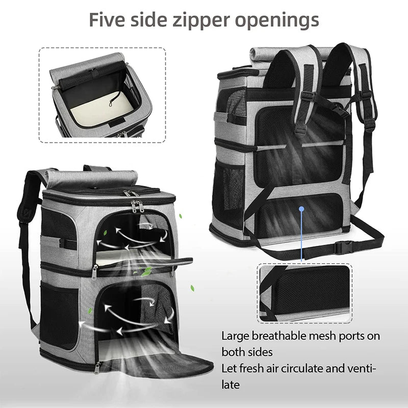 Ventilated Double Pet Carrier Backpack for Cats & Small Dogs with Two Compartments & Multiple Openings 5