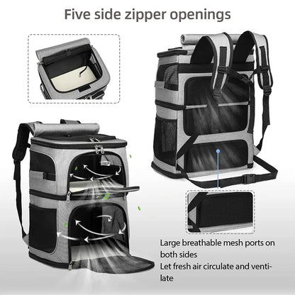 Ventilated Double Pet Carrier Backpack for Cats & Small Dogs with Two Compartments & Multiple Openings 5