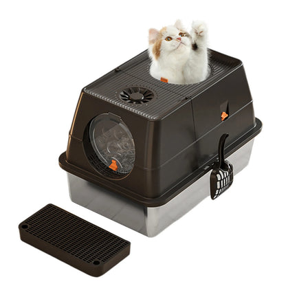 Fully Enclosed Cat Litter Box with Stainless Steel Tray & Easy-Flip Cover | Spill-Board & Scoop Included