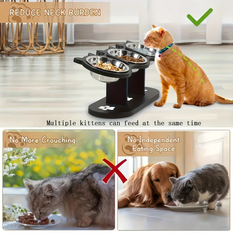 Adjustable Tilt Raised Cat Bowl Stand with 3 Stainless Steel Bowls 6