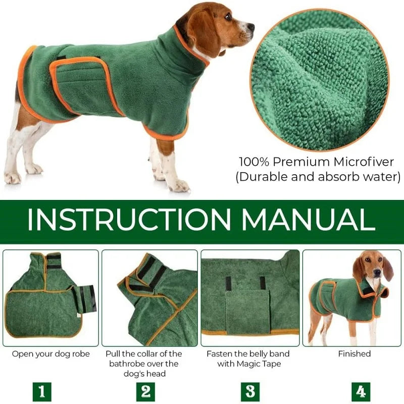 Super Absorbent Dog Drying Robe with Velcro Fastening & Hand Towel Pocket | 365gsm Microfibre Quick-Dry Dog Bathrobe