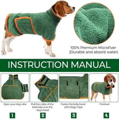 Super Absorbent Dog Drying Robe with Velcro Fastening & Hand Towel Pocket | 365gsm Microfibre Quick-Dry Dog Bathrobe