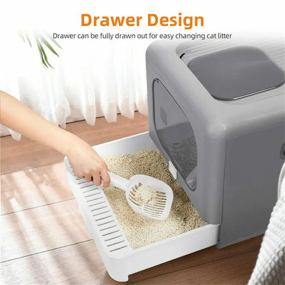 Dual-Entry Enclosed Cat Litter Box with Pull-Out Drawer Tray & Scoop 5