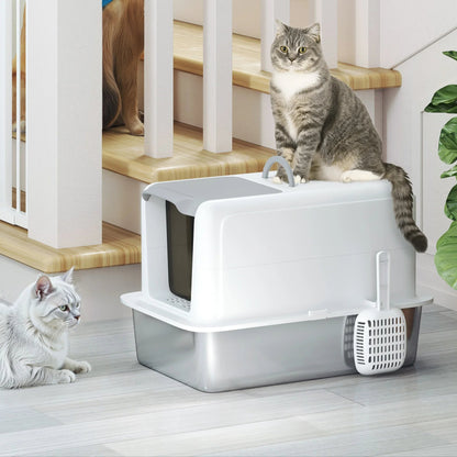 Large Enclosed Cat Litter Box with Removable Stainless Steel Tray, Front Flap, Handle & Scoop