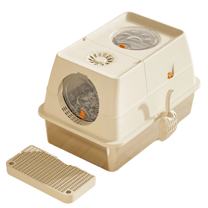 Fully Enclosed Cat Litter Box with Stainless Steel Tray & Easy-Flip Cover | Spill-Board & Scoop Included