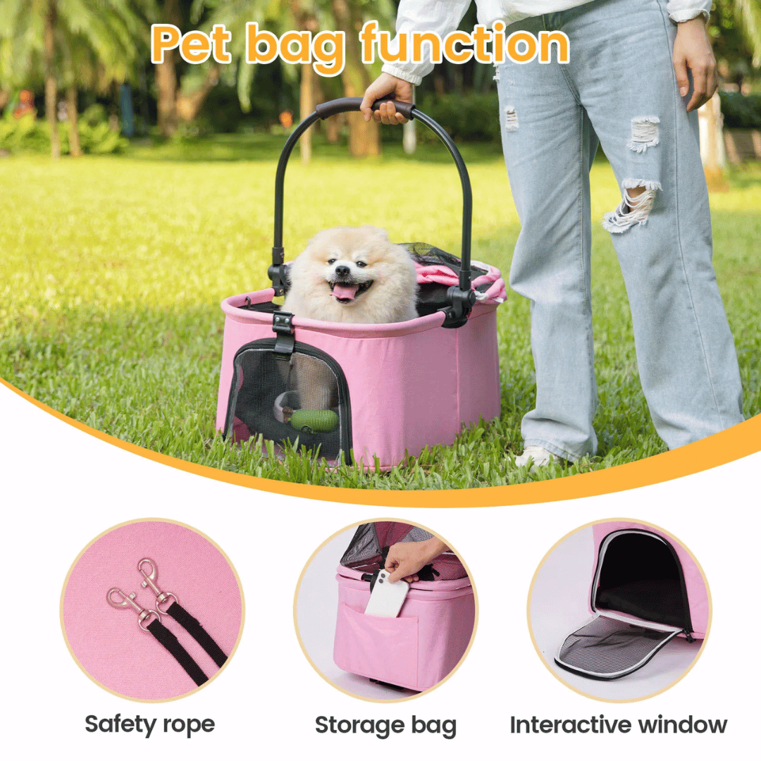 Convertible Canopy Dog Stroller with Detachable Carrier Basket Car Seat, Storage & Cup Holder 10
