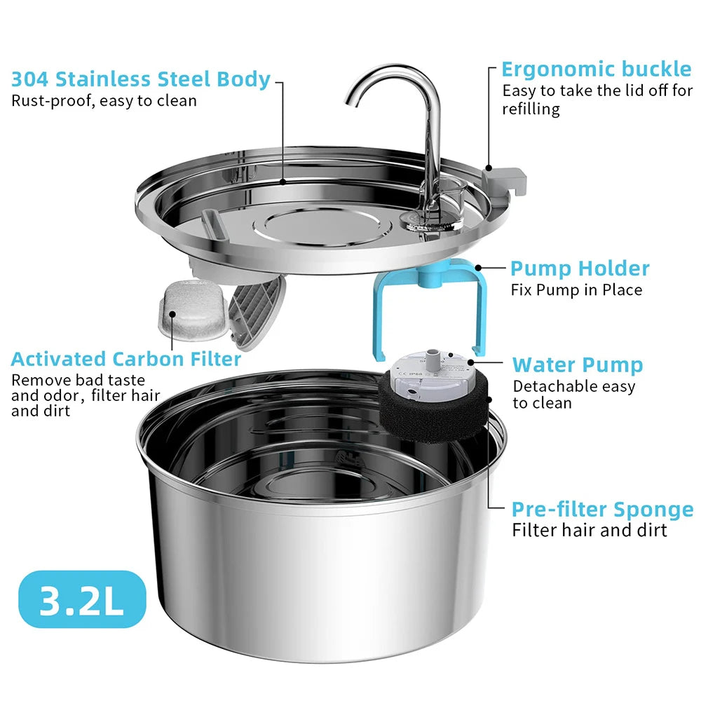 Stainless Steel Automatic Cat Water Fountain with Quiet Motion Sensor | USB Rechargeable