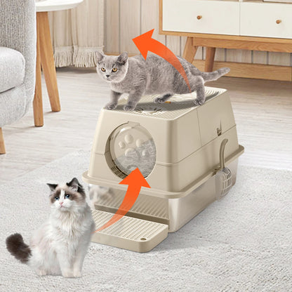 Fully Enclosed Cat Litter Box with Stainless Steel Tray & Easy-Flip Cover | Spill-Board & Scoop Included