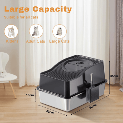 Enclosed Cat Litter Box with Stainless Steel Tray & Removable Top | Scoop & Holder Included 10