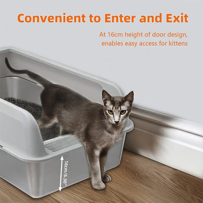 Semi-Enclosed Cat Litter Box with Stainless Steel Tray & Easy Entrance | Scoop Included 3
