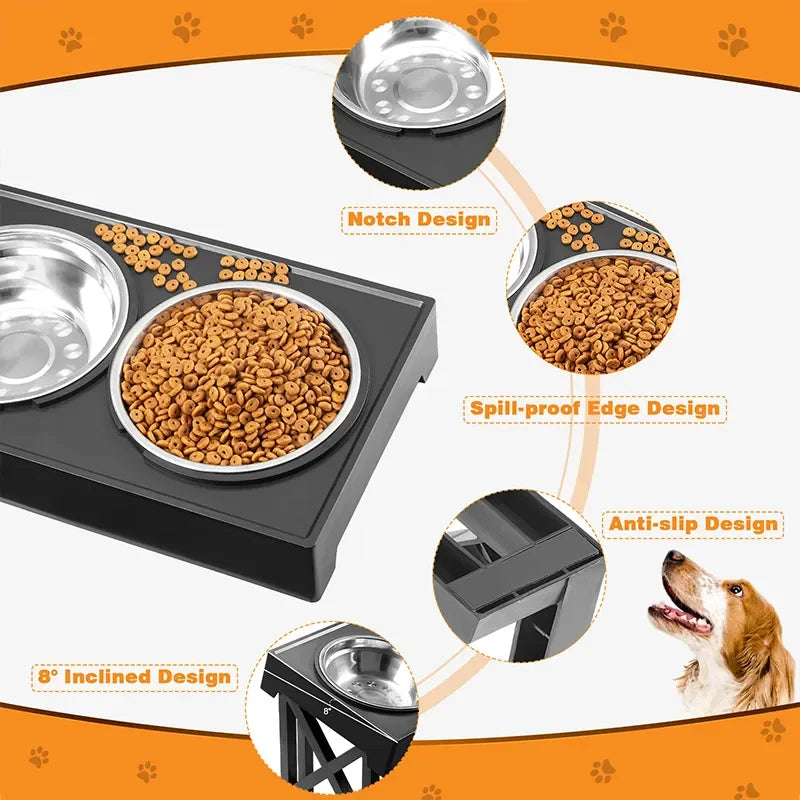 Adjustable Height & Tilt Raised Dog Bowl Stand with Stainless Steel & Slow-Feeding Dog Bowls 9