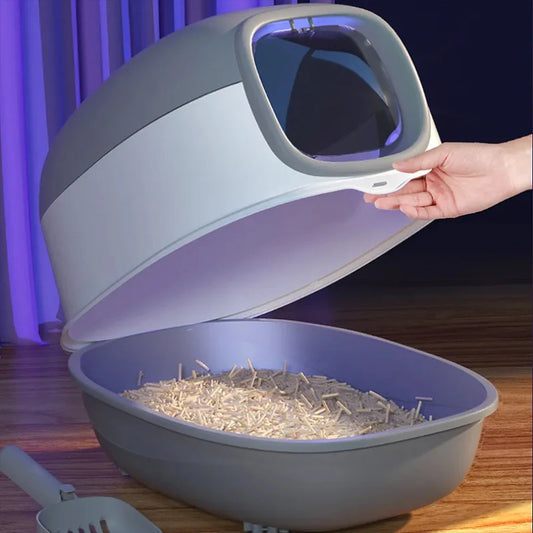 Spacious Enclosed Cat Litter Box with USB-Powered UV Sterilization Lamp & Stable Base