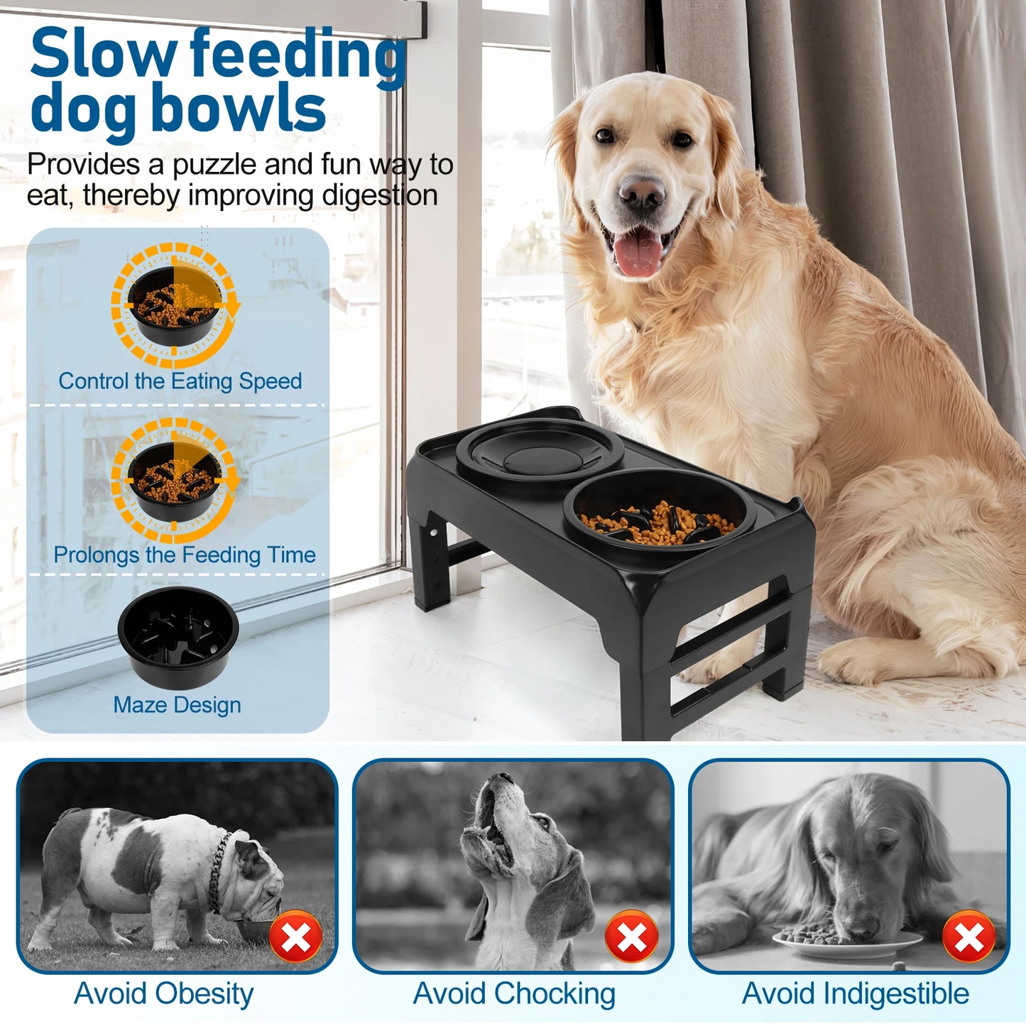 Fully Adjustable Raised Dog Feeding Station with Slow-Feeding Dog Bowls 4