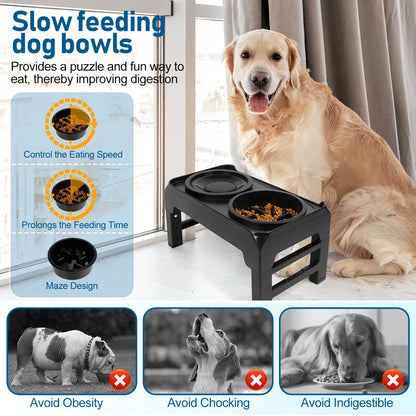 Fully Adjustable Raised Dog Feeding Station with Slow-Feeding Dog Bowls 4