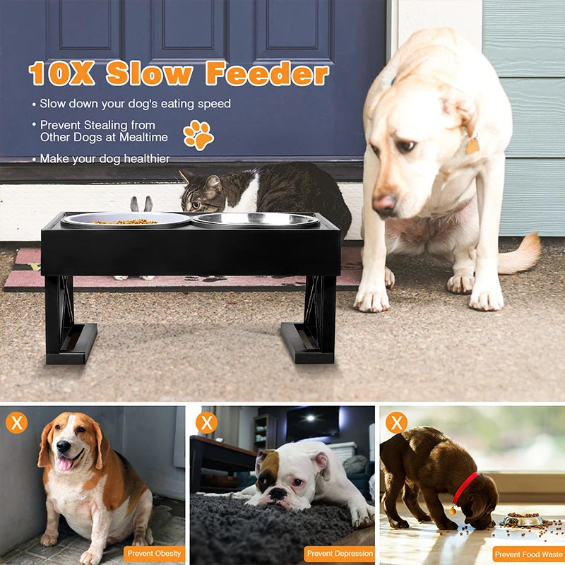 Adjustable Height & Tilt Raised Dog Bowl Stand with Stainless Steel & Slow-Feeding Dog Bowls 7