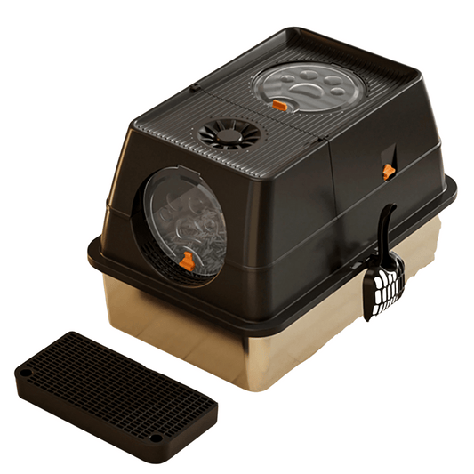 Fully Enclosed Cat Litter Box with Stainless Steel Tray & Easy-Flip Cover | Spill-Board & Scoop Included