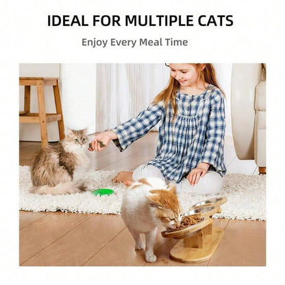 Wooden Tilted & Raised Cat Bowl Stand with 3 Stainless Steel Bowls 3