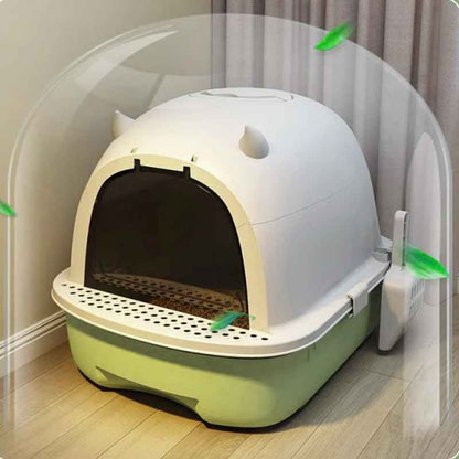 Large Hooded Cat Litter Box with Charcoal Filter | Swing Door, Pull-Out Drawer Litter Tray & Trapping Step | Scoop Included