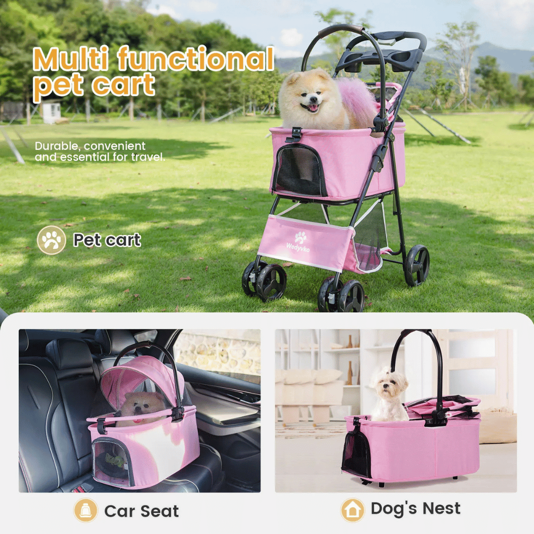 Convertible Canopy Dog Stroller with Detachable Carrier Basket Car Seat, Storage & Cup Holder 9
