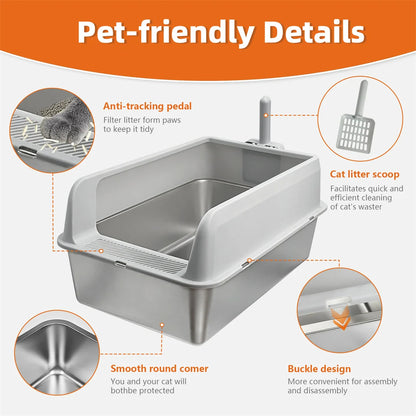 Semi-Enclosed Cat Litter Box with Stainless Steel Tray & Easy Entrance | Scoop Included 7
