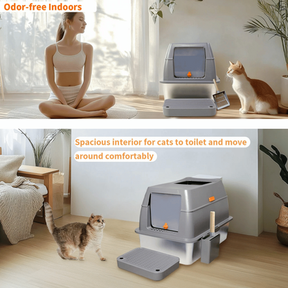 XL High-Sided Stainless Steel Enclosed Cat Litter Box with Step Tray, Scoop & Holder 15