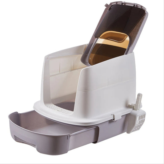 Spacious Enclosed Cat Litter Box with Flexible Lid Postioning & Pull-Out Tray 1