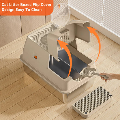 Fully Enclosed Cat Litter Box with Stainless Steel Tray & Easy-Flip Cover | Spill-Board & Scoop Included