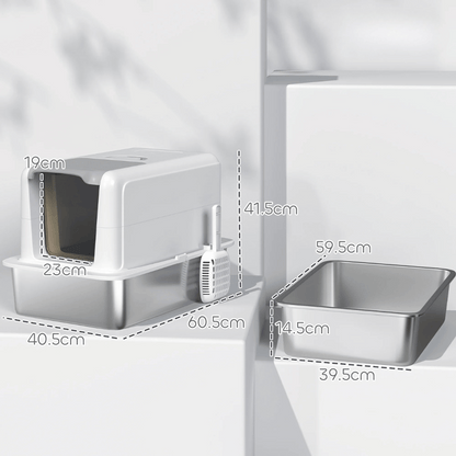 Large Enclosed Cat Litter Box with Removable Stainless Steel Tray, Front Flap, Handle & Scoop