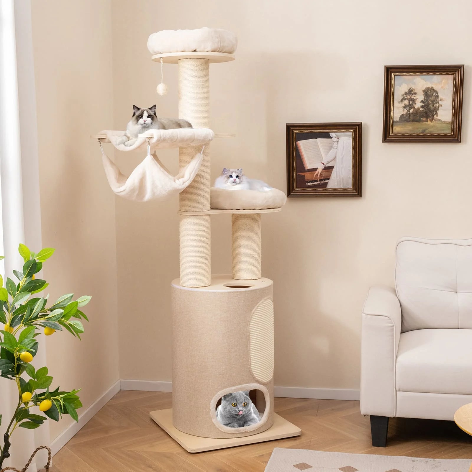 6ft Tall Cat Tree Tower with Bolstered Perches, Condo & Hammocks 2