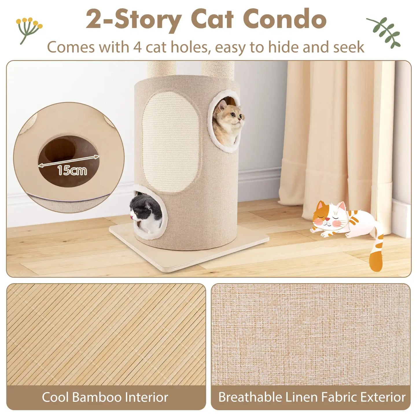 6ft Tall Cat Tree Tower with Bolstered Perches, Condo & Hammocks 3