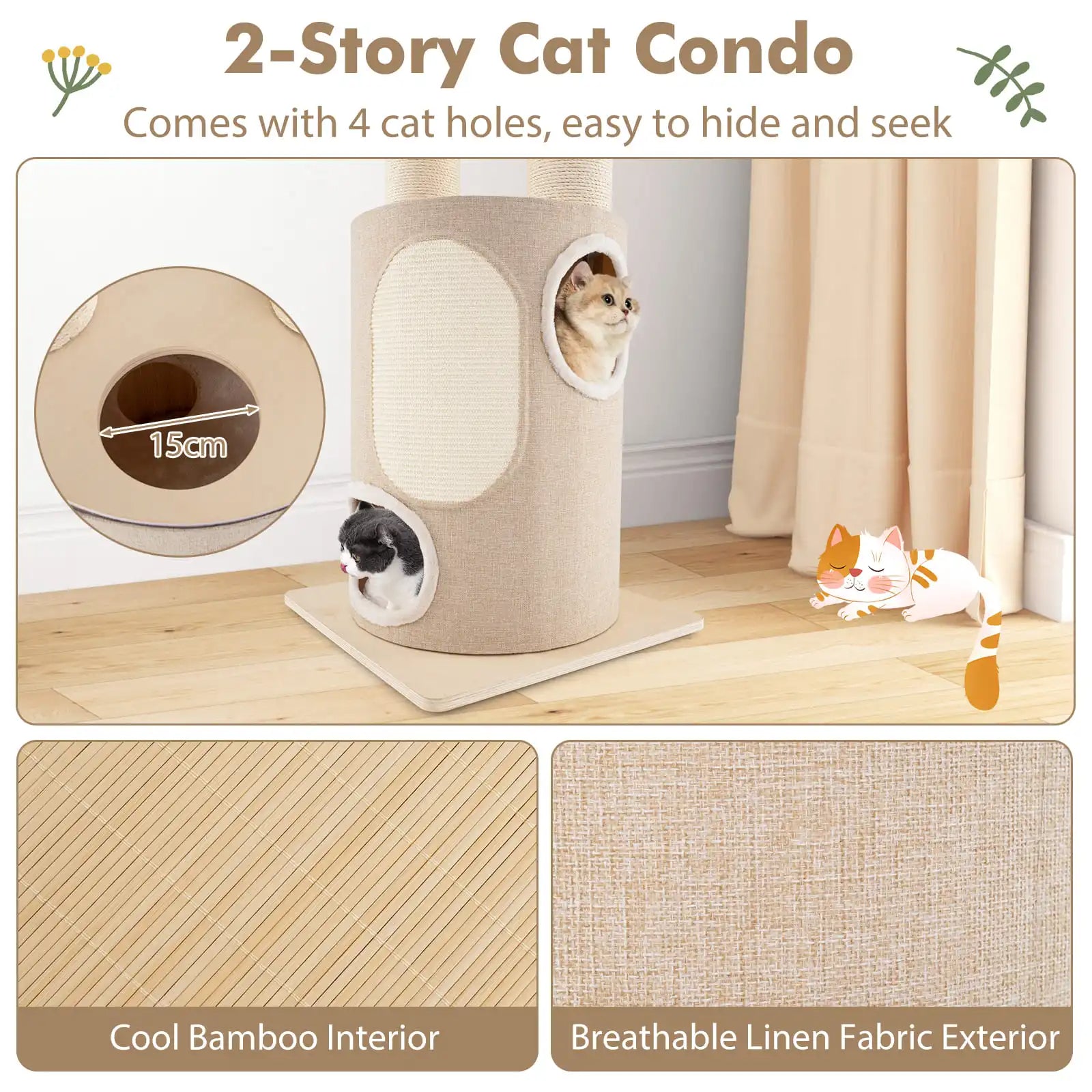 6ft Tall Cat Tree Tower with Bolstered Perches, Condo & Hammocks 3