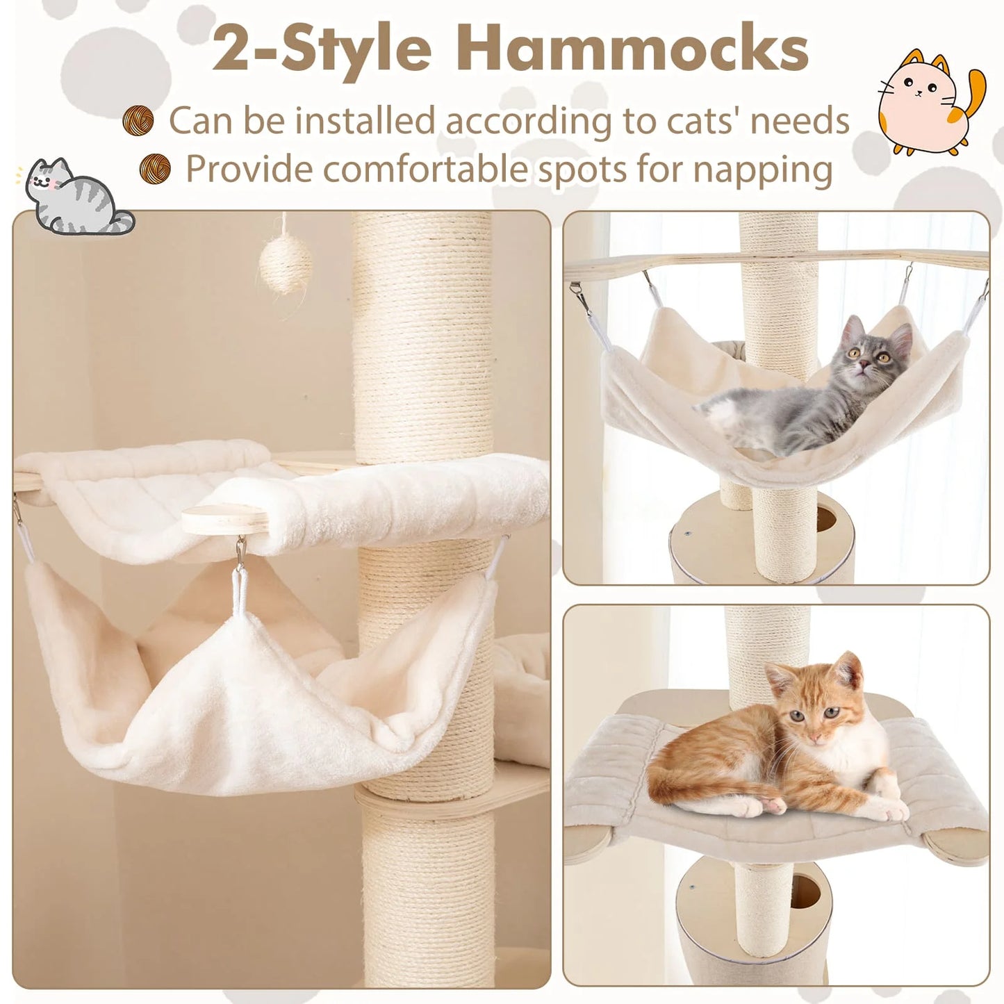 6ft Tall Cat Tree Tower with Bolstered Perches, Condo & Hammocks 5