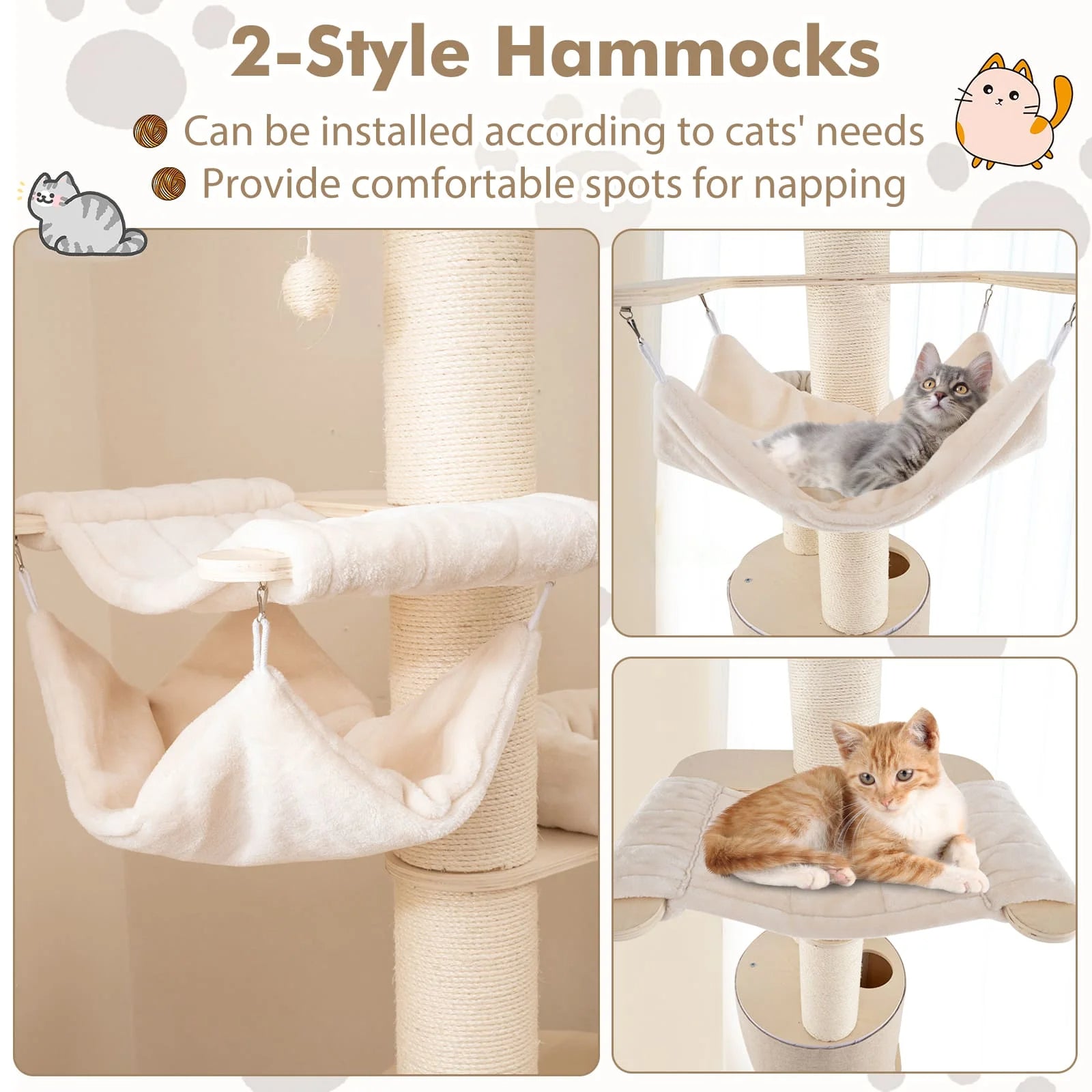 6ft Tall Cat Tree Tower with Bolstered Perches, Condo & Hammocks 5
