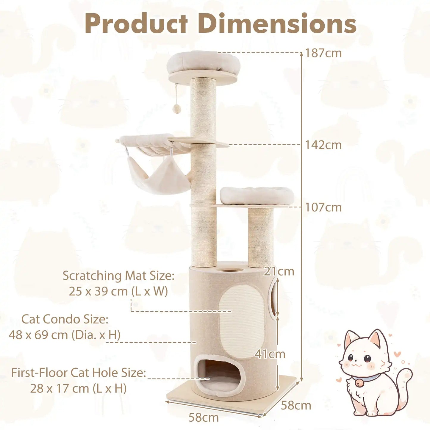 6ft Tall Cat Tree Tower with Bolstered Perches, Condo & Hammocks 6
