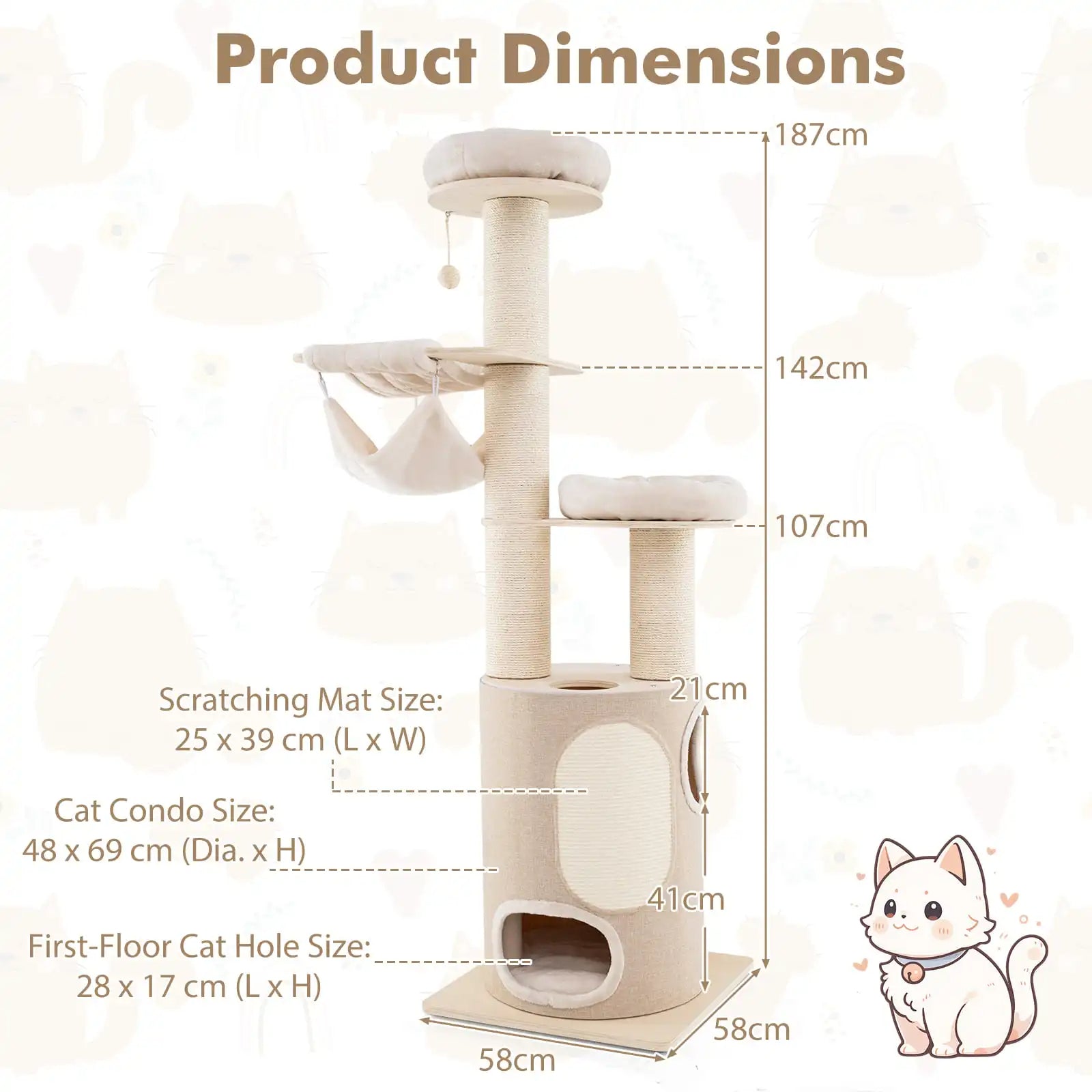 6ft Tall Cat Tree Tower with Bolstered Perches, Condo & Hammocks 6