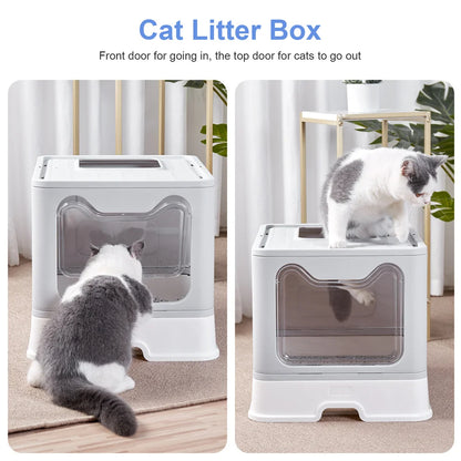 Front & Top Entry Enclosed Cat Litter Box with Drawer Tray & Scoop 12