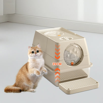 Fully Enclosed Cat Litter Box with Stainless Steel Tray & Easy-Flip Cover | Spill-Board & Scoop Included